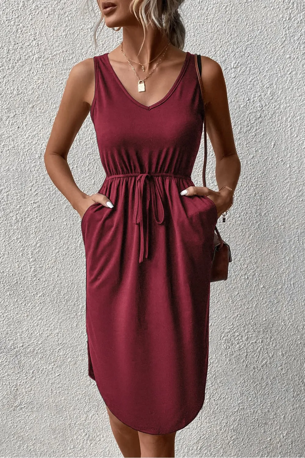 V-Neck Curved Hem Sleeveless Dress (6 Colors)