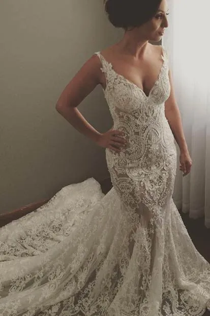 V neck Sleeveless Mermaid Wedding Dresses Modern Lace Appliques Bridal Gown