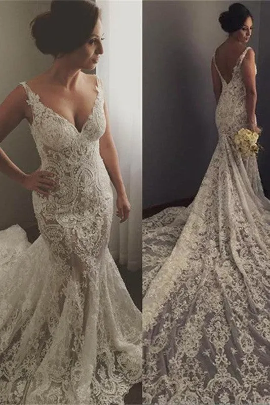 V neck Sleeveless Mermaid Wedding Dresses Modern Lace Appliques Bridal Gown