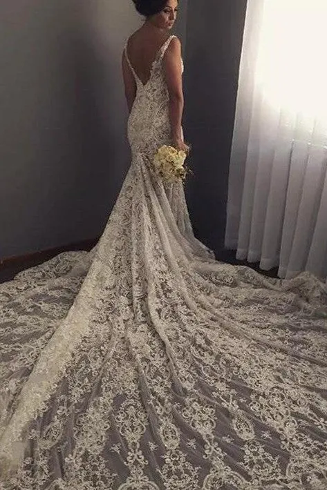 V neck Sleeveless Mermaid Wedding Dresses Modern Lace Appliques Bridal Gown