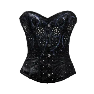 VanDerveer Black Satin Satin Embroidery Overbust Corset