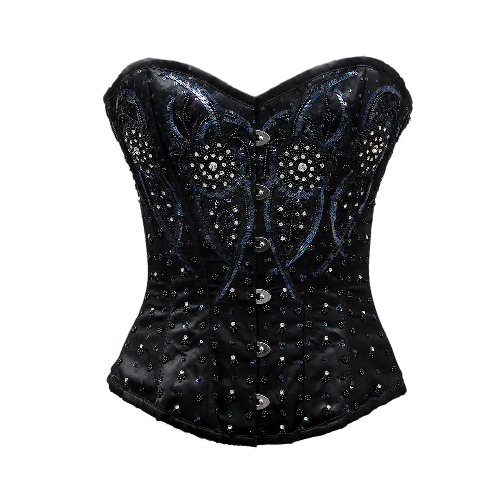 VanDerveer Black Satin Satin Embroidery Overbust Corset