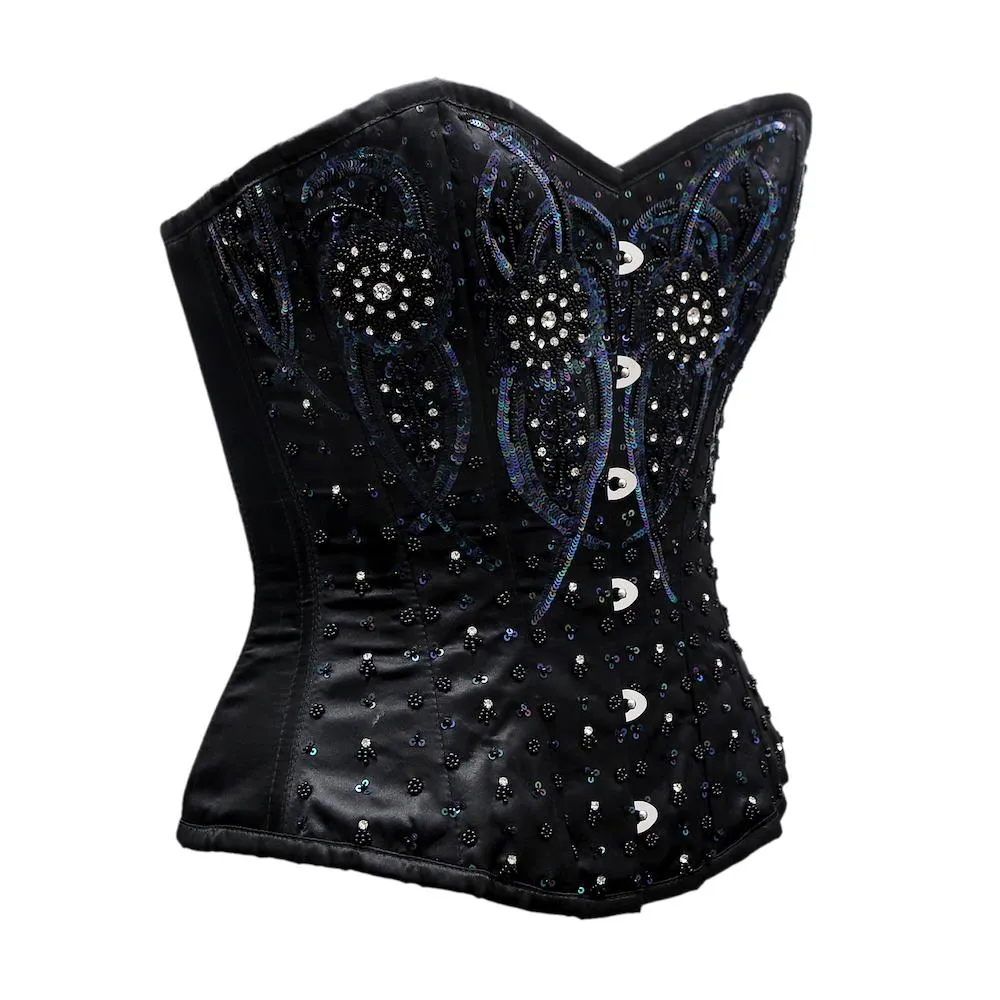 VanDerveer Black Satin Satin Embroidery Overbust Corset