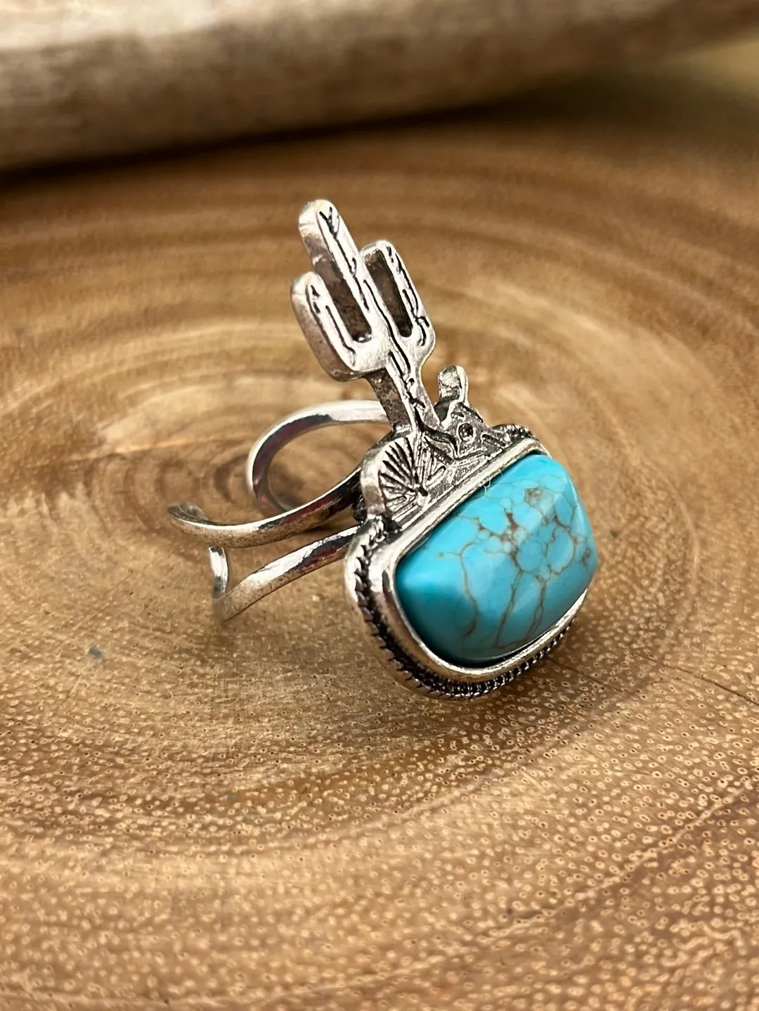 Verona Cactus Scene Fashion Cuff Ring - Turquoise