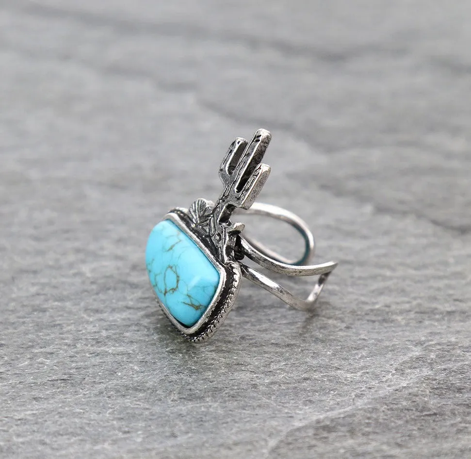 Verona Cactus Scene Fashion Cuff Ring - Turquoise