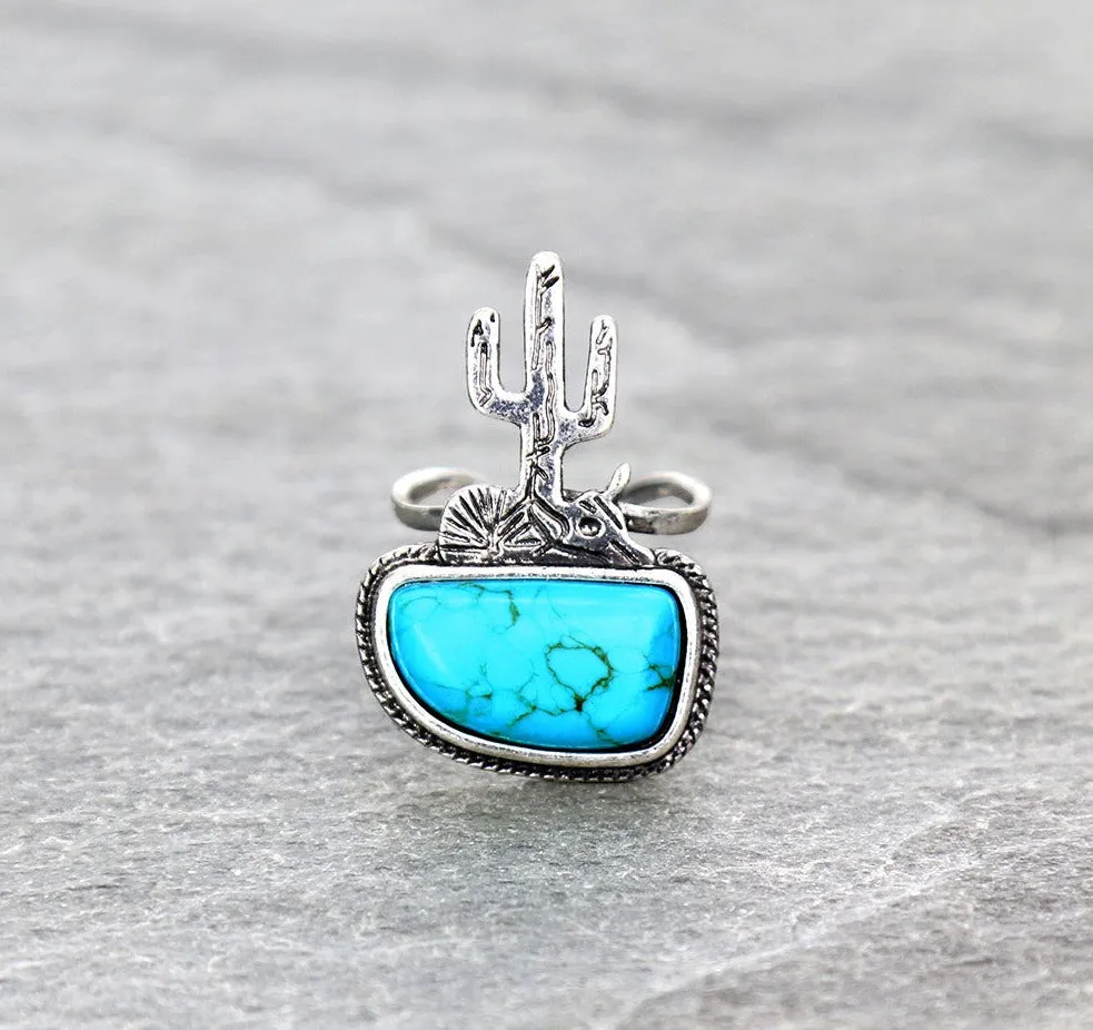 Verona Cactus Scene Fashion Cuff Ring - Turquoise