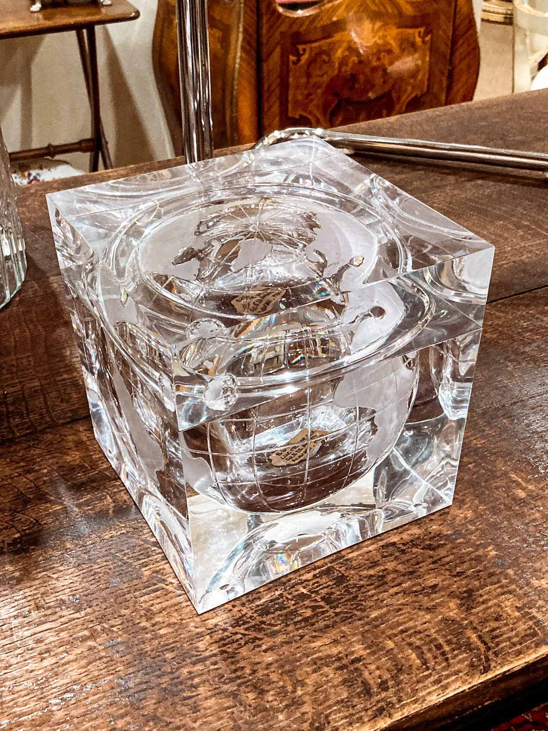 Vintage 1960s Alessandro Albrizzi Clear Lucite Globe Ice Bucket Box