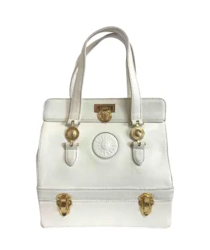 Vintage Gianni Versace ivory white caviar type leather birkin doctor's bag, handbag with jewelry case and golden sun burst motifs.