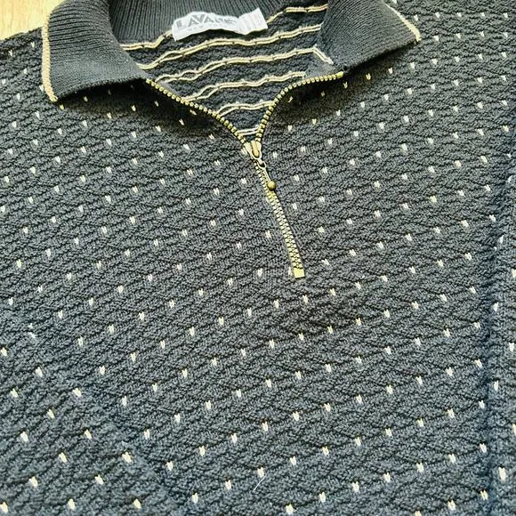 Vintage Grandpa Sweater Cotton Chunky Knit Collared Neutral 1/4 Zip Black Gold L