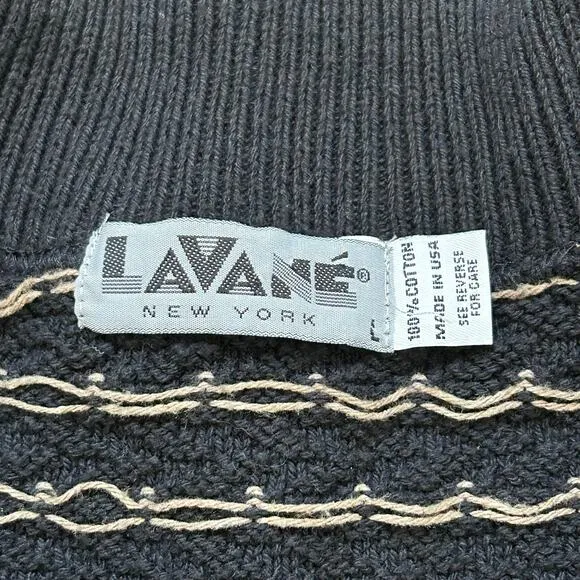 Vintage Grandpa Sweater Cotton Chunky Knit Collared Neutral 1/4 Zip Black Gold L