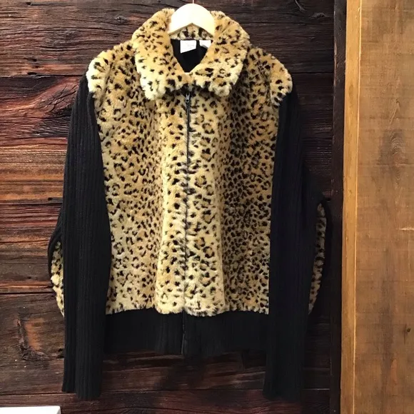 Vintage Leopard Print Faux Fur Zip Up Ribbed Knit Sweater Animal Print 26/28W