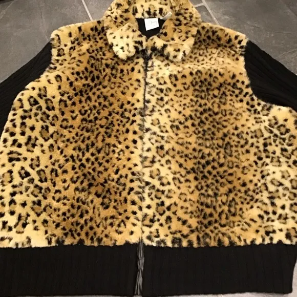 Vintage Leopard Print Faux Fur Zip Up Ribbed Knit Sweater Animal Print 26/28W