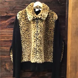 Vintage Leopard Print Faux Fur Zip Up Ribbed Knit Sweater Animal Print 26/28W