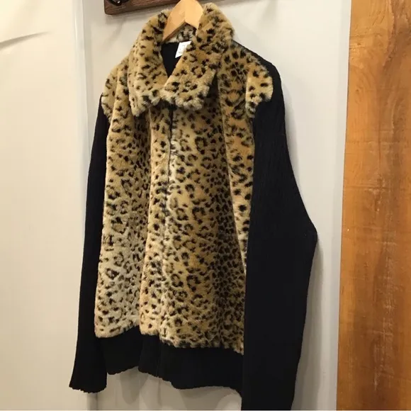 Vintage Leopard Print Faux Fur Zip Up Ribbed Knit Sweater Animal Print 26/28W