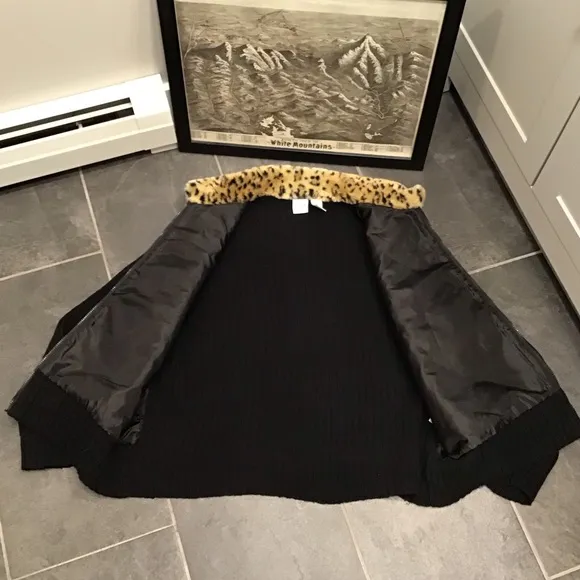 Vintage Leopard Print Faux Fur Zip Up Ribbed Knit Sweater Animal Print 26/28W