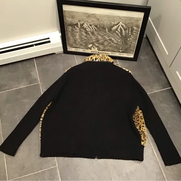 Vintage Leopard Print Faux Fur Zip Up Ribbed Knit Sweater Animal Print 26/28W