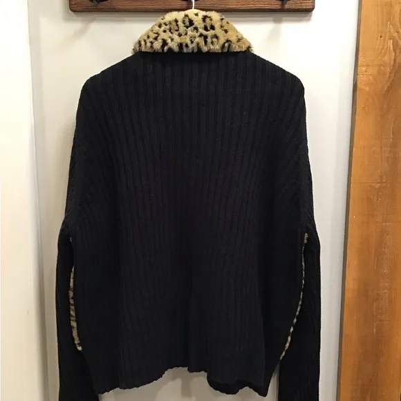 Vintage Leopard Print Faux Fur Zip Up Ribbed Knit Sweater Animal Print 26/28W