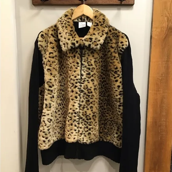 Vintage Leopard Print Faux Fur Zip Up Ribbed Knit Sweater Animal Print 26/28W