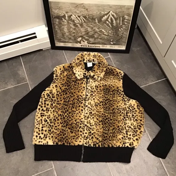 Vintage Leopard Print Faux Fur Zip Up Ribbed Knit Sweater Animal Print 26/28W