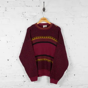 Vintage Patterned Knit Jumper - Red - L