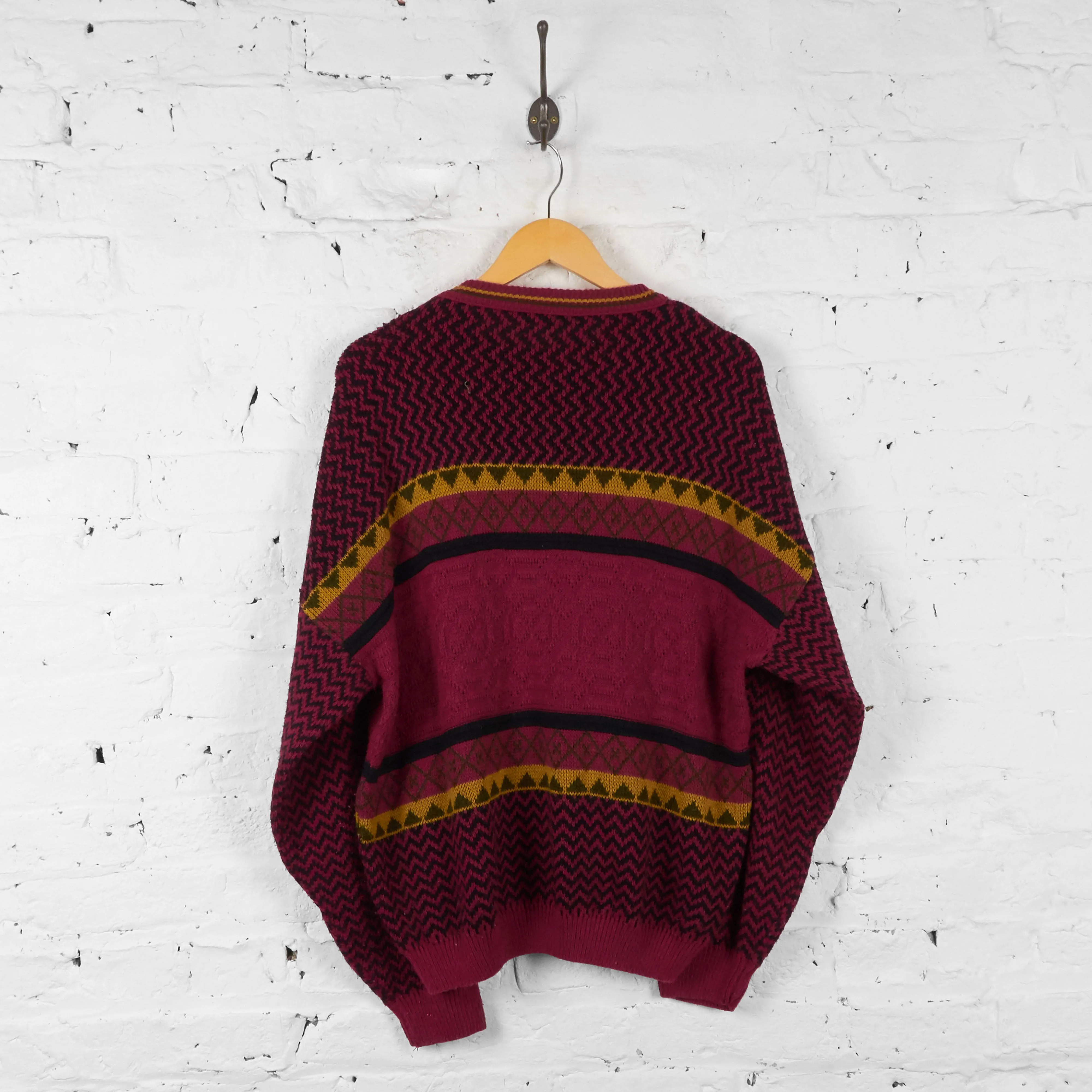 Vintage Patterned Knit Jumper - Red - L