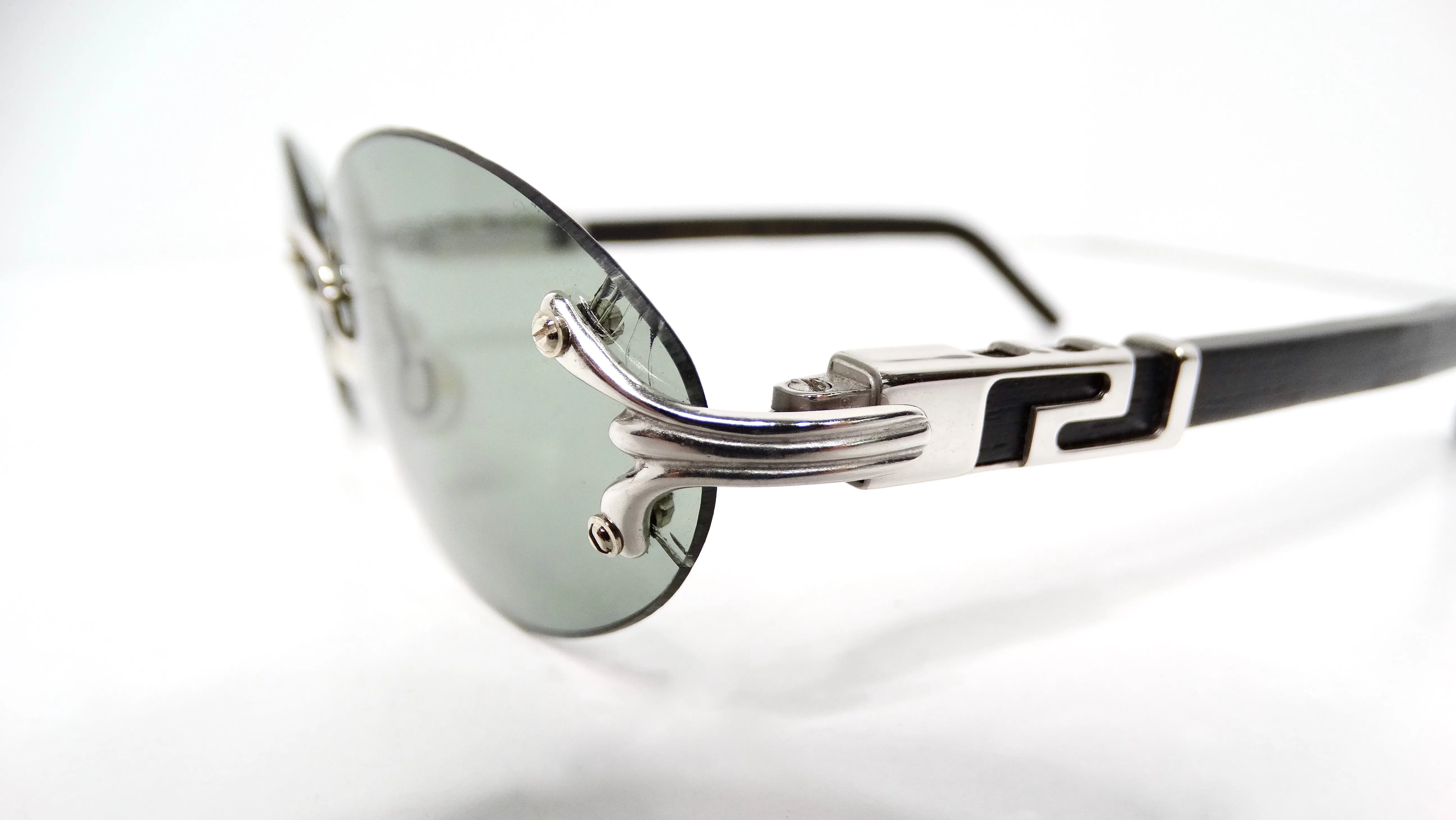 Vintage Porta Romana Handmade Black & Silver-Tone Rimless Oval Sunglasses