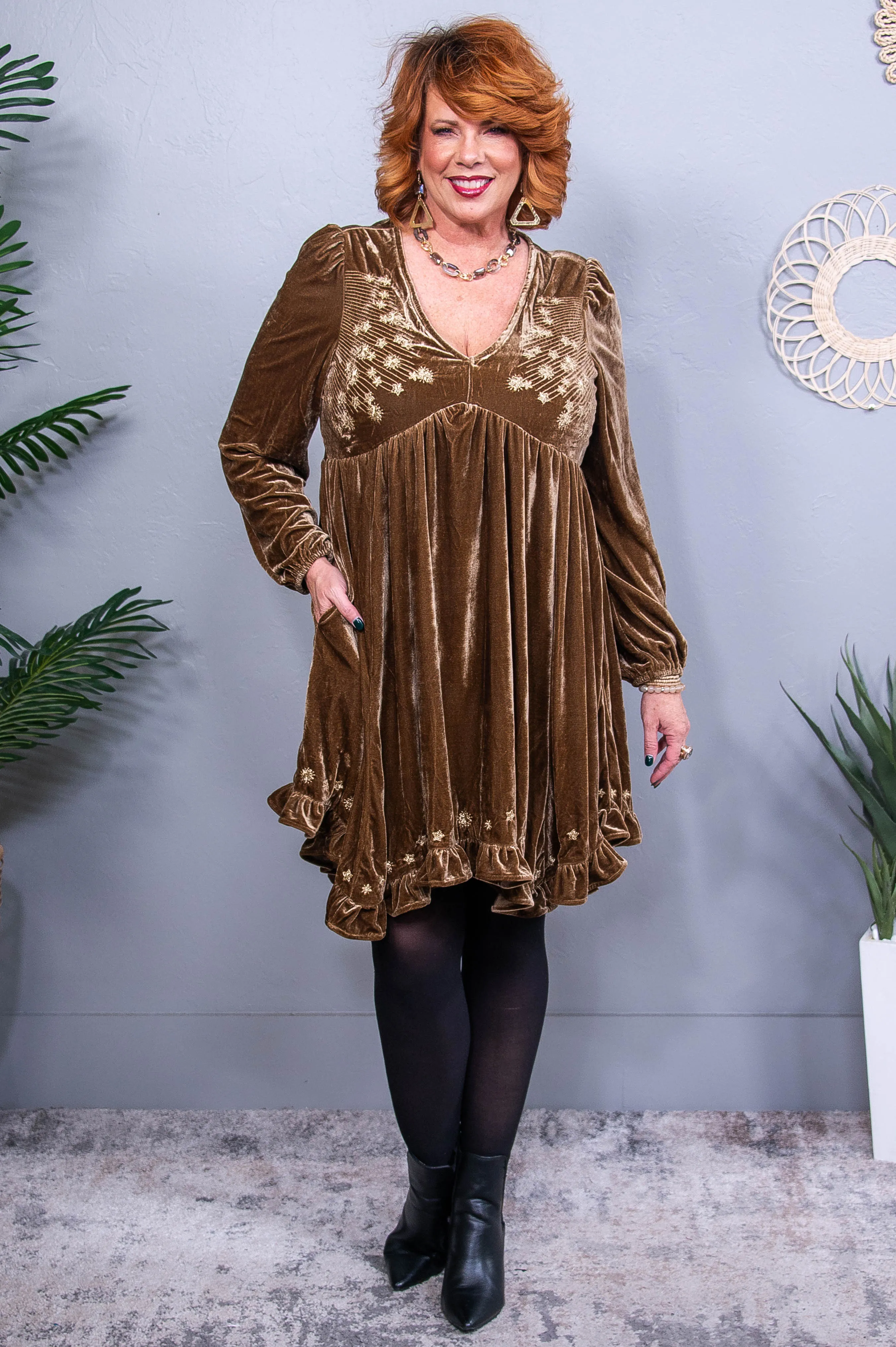 Watching For Shooting Stars Mocha Star Printed Velvet Dress - D5567MO