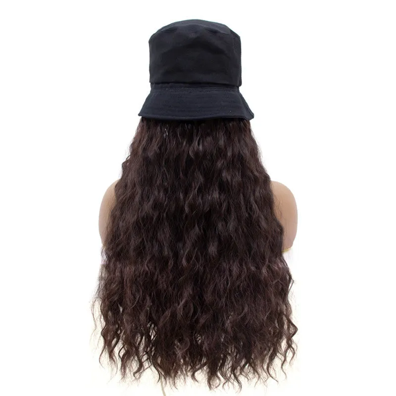 Wavymy Natural Wave Bucket Hat Wig Brown Color Human Hair Attached