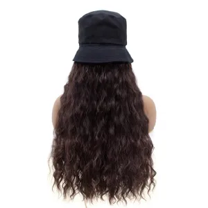 Wavymy Natural Wave Bucket Hat Wig Brown Color Human Hair Attached