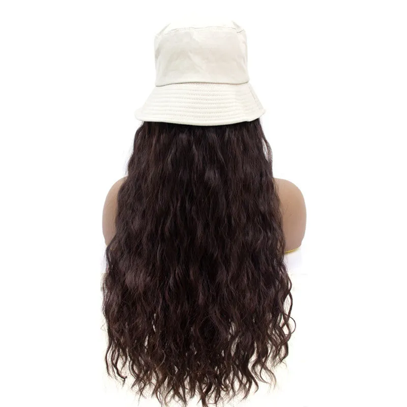 Wavymy Natural Wave Bucket Hat Wig Brown Color Human Hair Attached