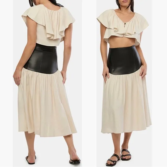 We Wore What Drop Waist Midi Skirt ✨ Ivory   Black Size XS | viscose rayon linen