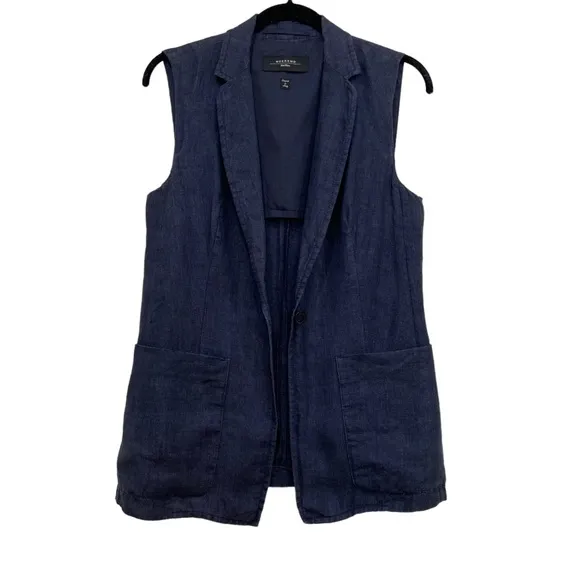 Weekend Max Mara 100% Linen Navy Blue Vest Pockets Italy size 6 - D2