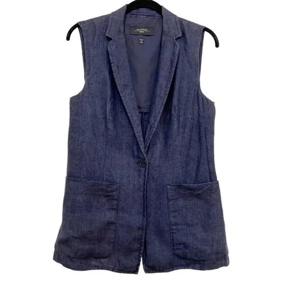 Weekend Max Mara 100% Linen Navy Blue Vest Pockets Italy size 6 - D2