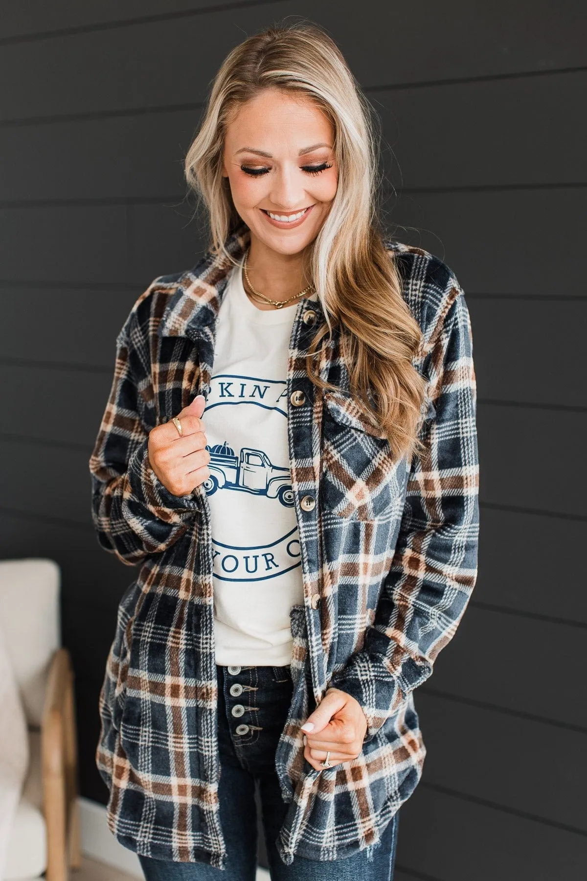 Weekend Plans Button Up Plaid Jacket- Navy