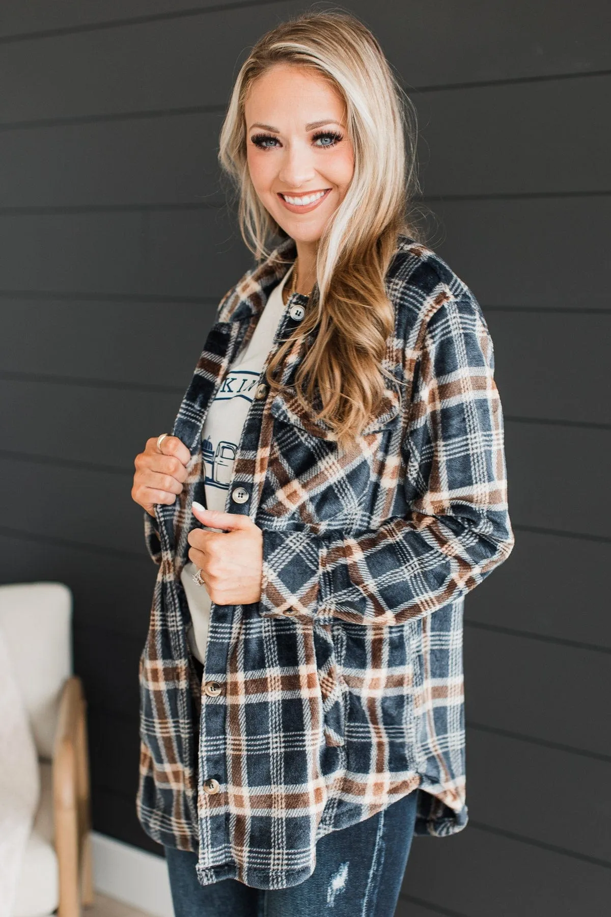 Weekend Plans Button Up Plaid Jacket- Navy