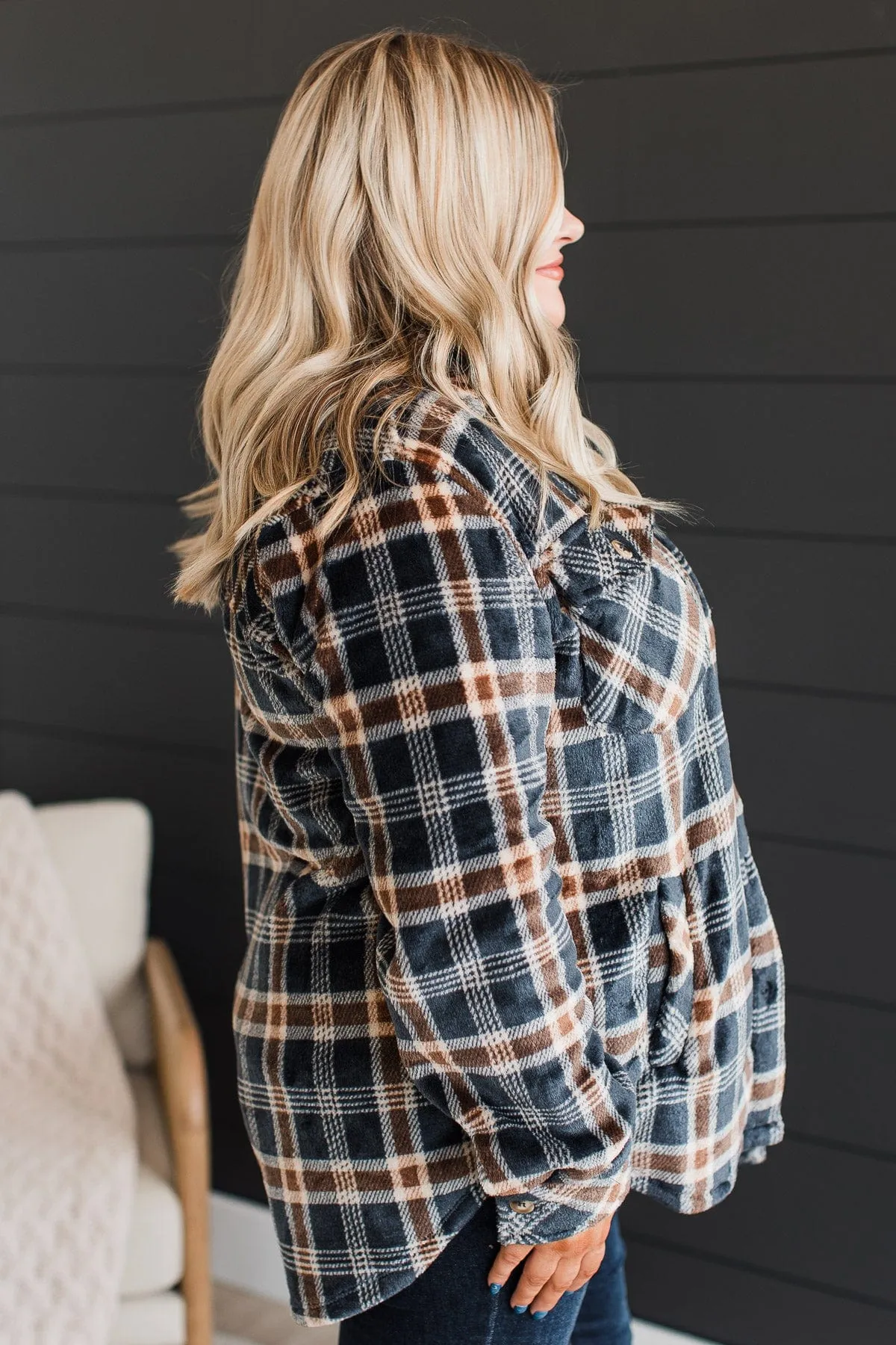 Weekend Plans Button Up Plaid Jacket- Navy