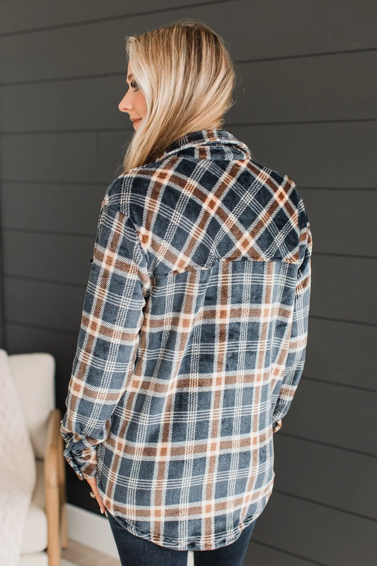 Weekend Plans Button Up Plaid Jacket- Navy