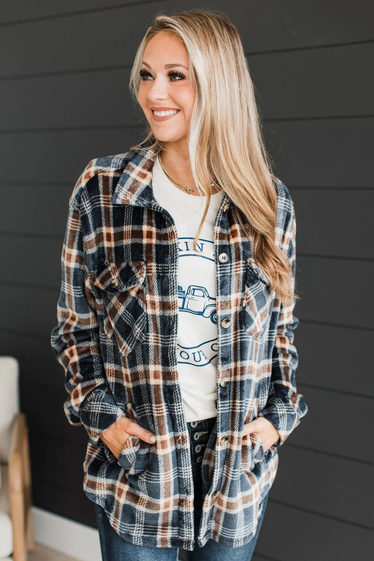 Weekend Plans Button Up Plaid Jacket- Navy