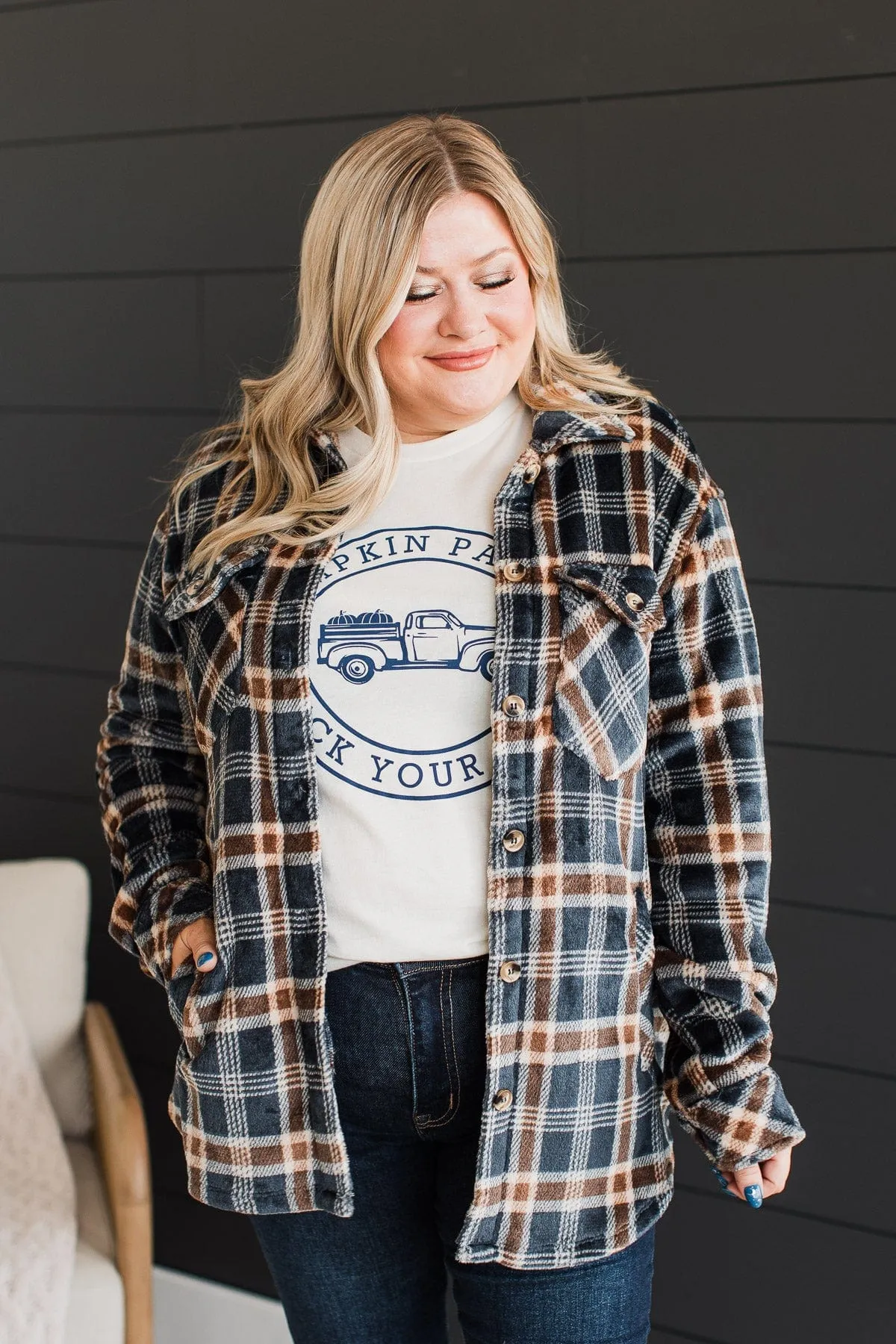 Weekend Plans Button Up Plaid Jacket- Navy