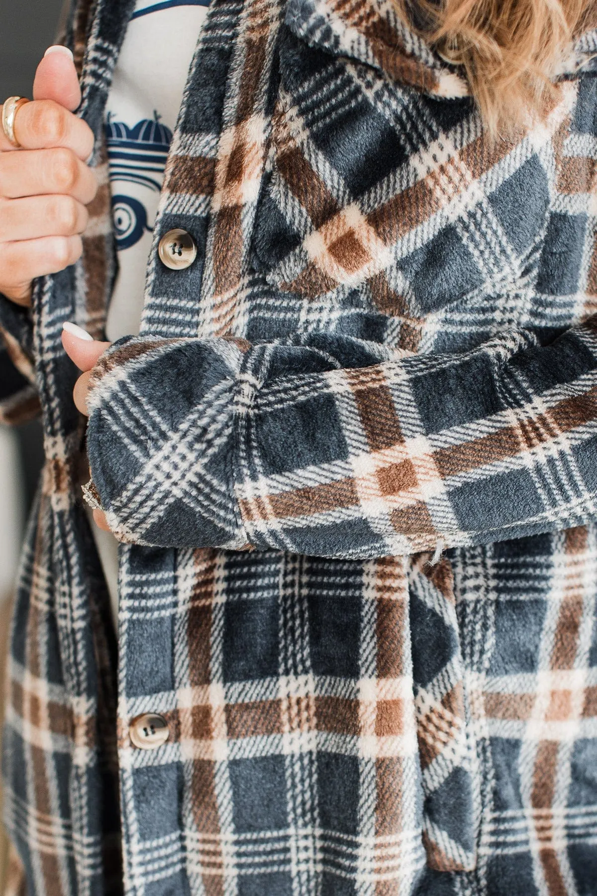 Weekend Plans Button Up Plaid Jacket- Navy