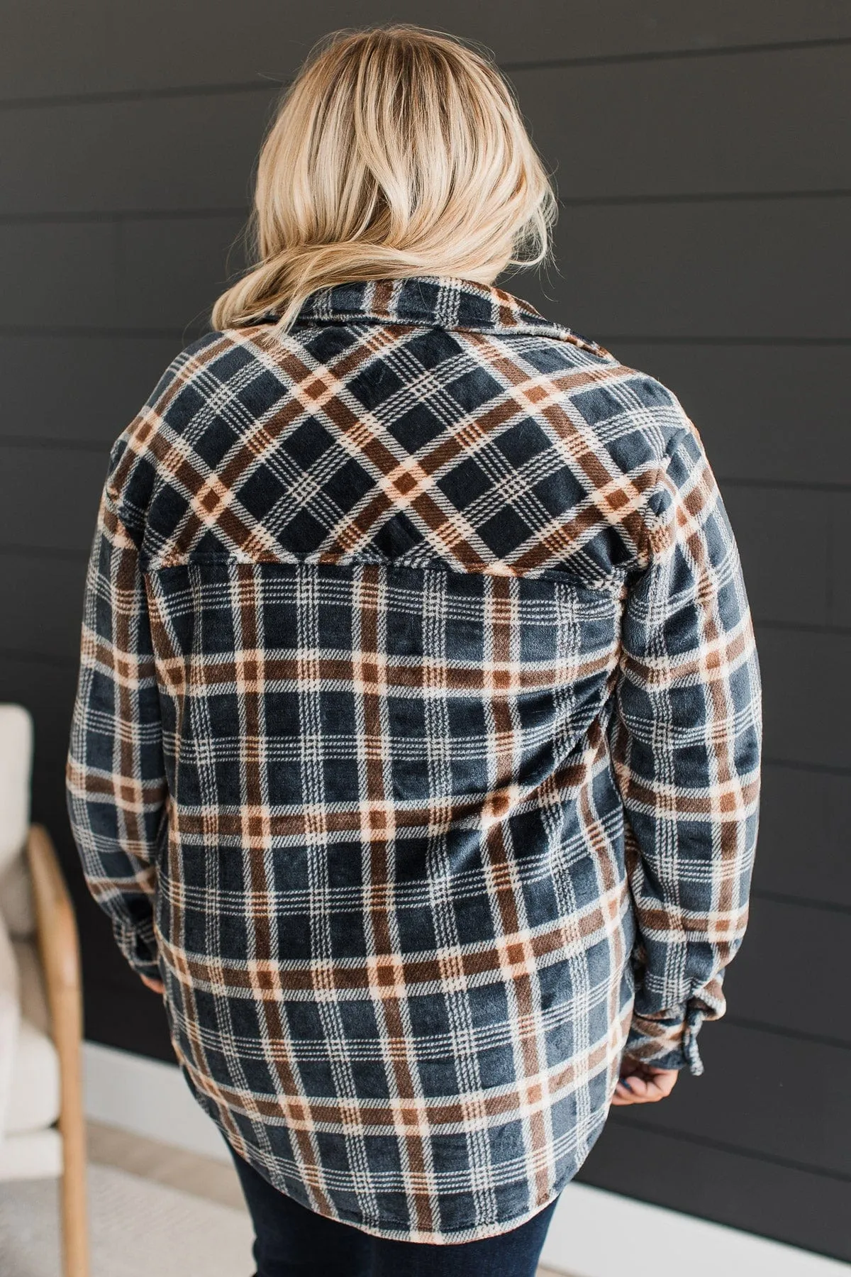 Weekend Plans Button Up Plaid Jacket- Navy