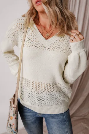 White Eyelet Pattern Detail V Neck Drop Shoulder Sweater