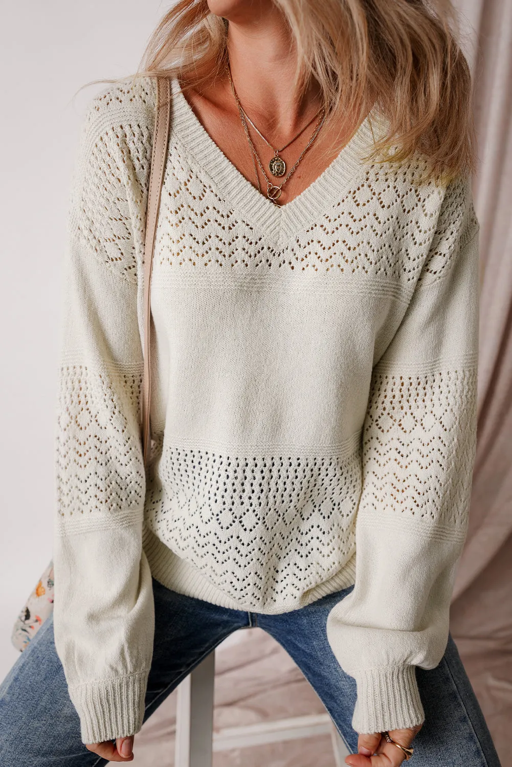 White Eyelet Pattern Detail V Neck Drop Shoulder Sweater