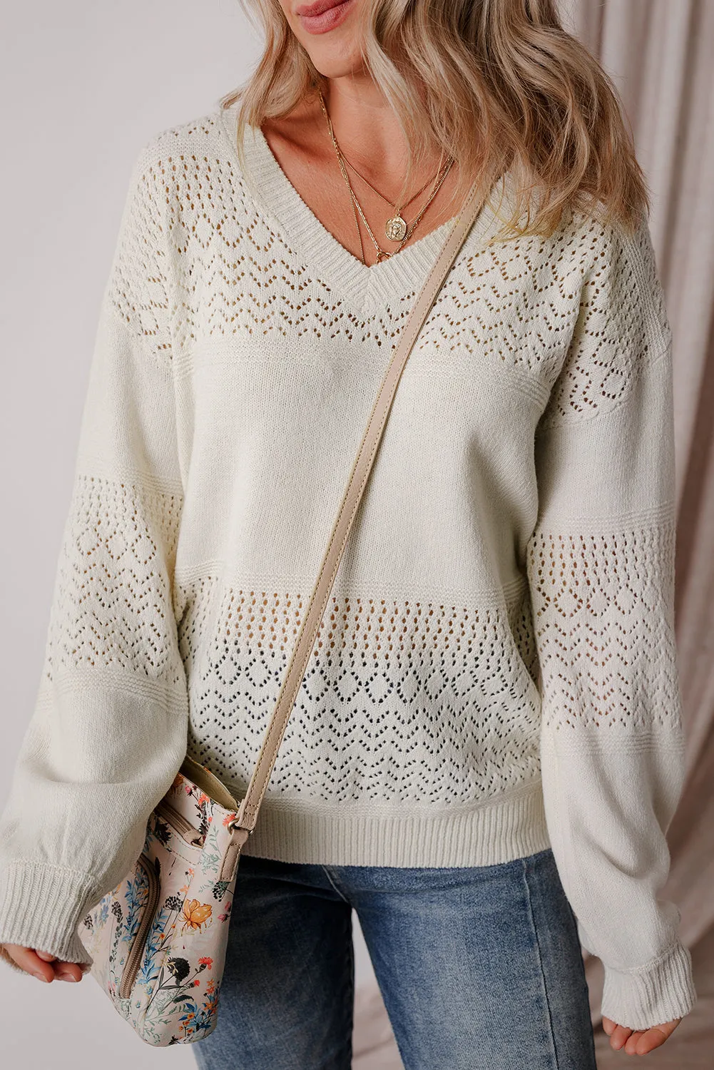 White Eyelet Pattern Detail V Neck Drop Shoulder Sweater