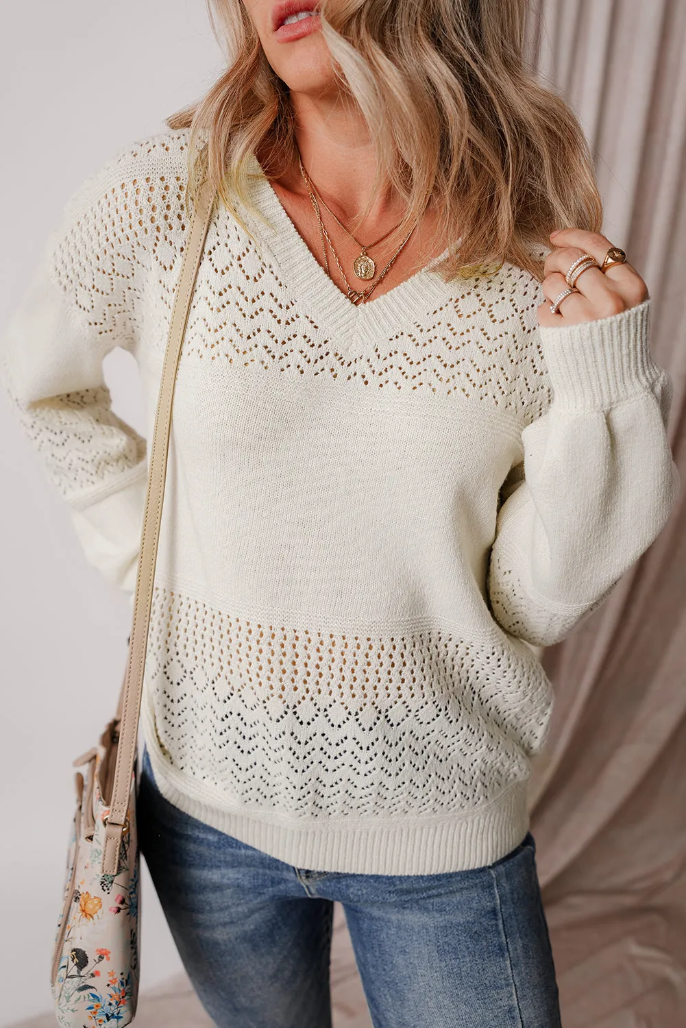 White Eyelet Pattern Detail V Neck Drop Shoulder Sweater