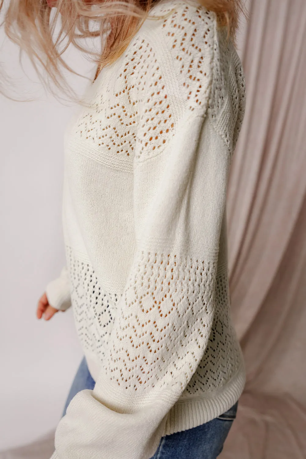 White Eyelet Pattern Detail V Neck Drop Shoulder Sweater