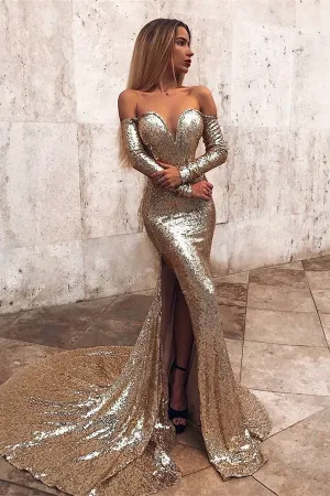 Wholesale Off-the-Shoulder Champagne Sequins Prom Dresses Elegant Long Sleeves Side Slit Evening Gowns
