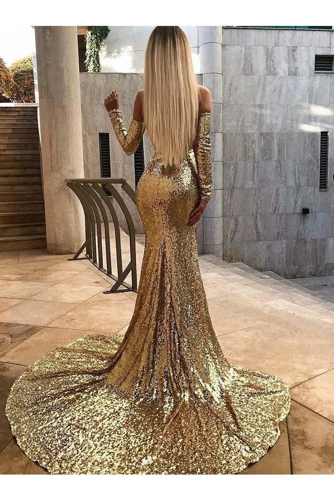 Wholesale Off-the-Shoulder Champagne Sequins Prom Dresses Elegant Long Sleeves Side Slit Evening Gowns