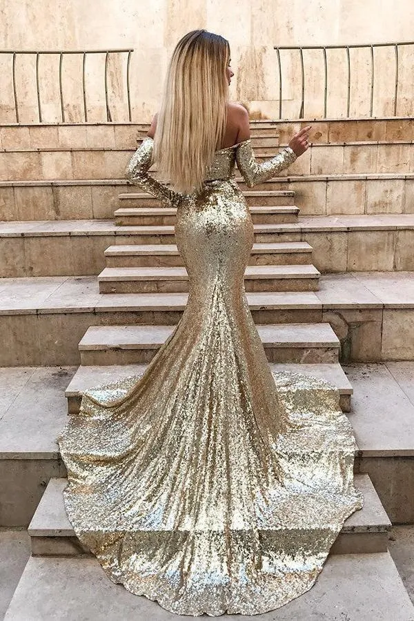 Wholesale Off-the-Shoulder Champagne Sequins Prom Dresses Elegant Long Sleeves Side Slit Evening Gowns