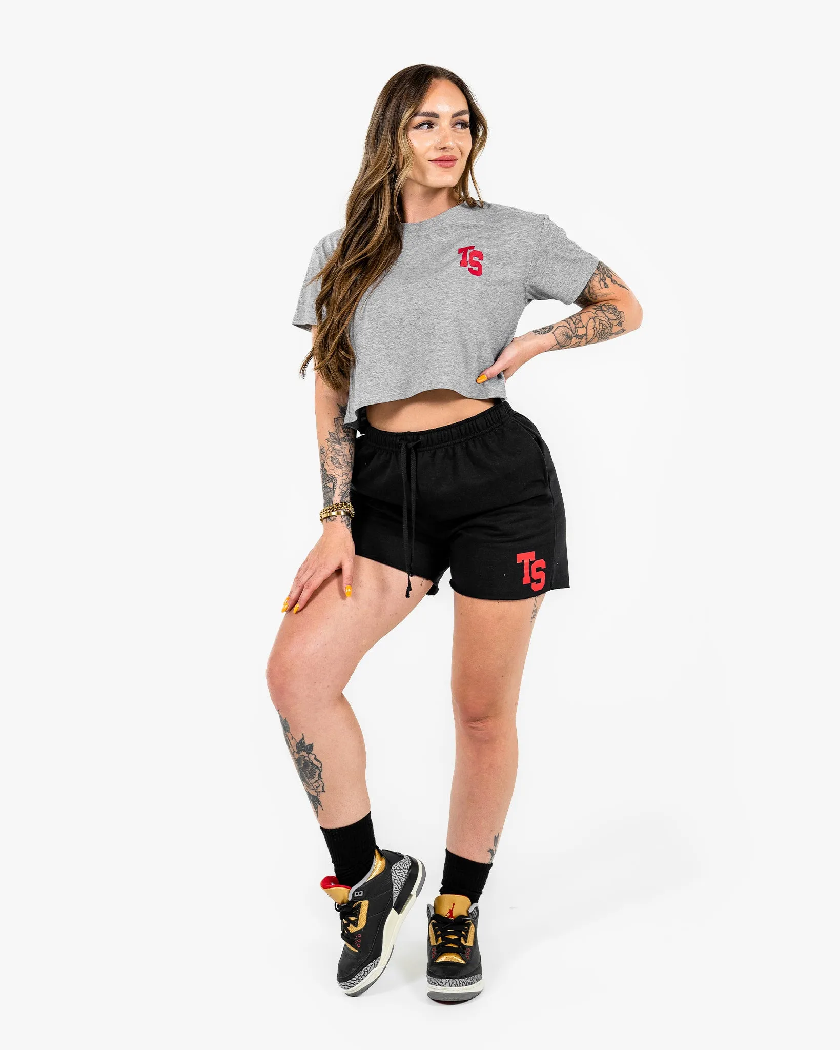 WKND Crop Tee - Grey w/ Red